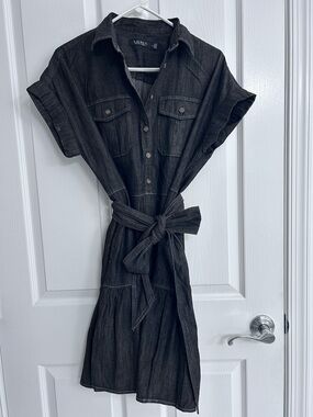 Ralph Lauren Dark Denim Short-Sleeve Denim Above-the-Knee Dress with Tie Waist